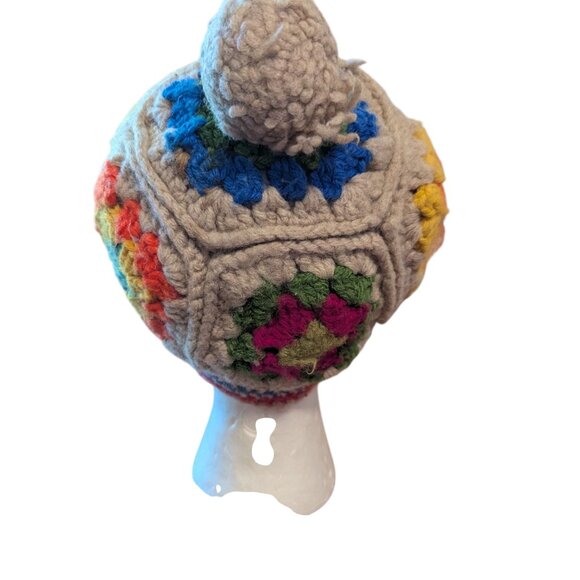 Vintage Patchwork Granny Square Crochet Newsboy Knit Hat Festival Boho Rainbow - Picture 4 of 5